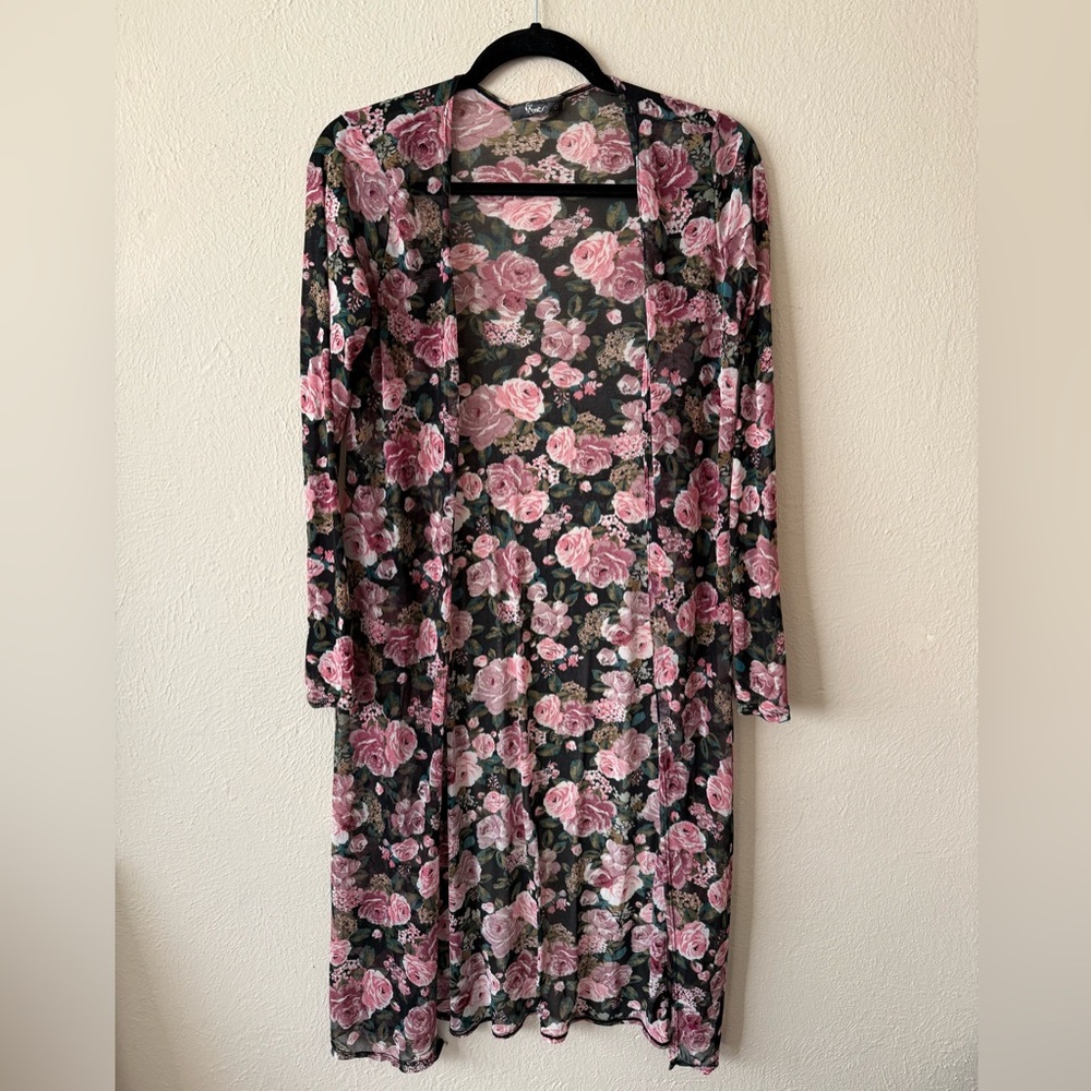 Floral Sheer Long Robe - Pink and Black